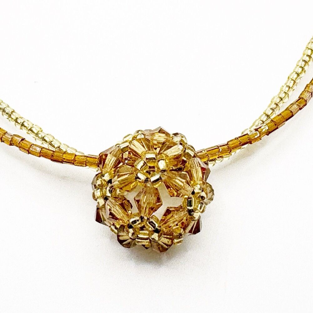 Adia Kibur Beaded Ball Sphere Necklace Double Strand Amber Gold Crystal 13”